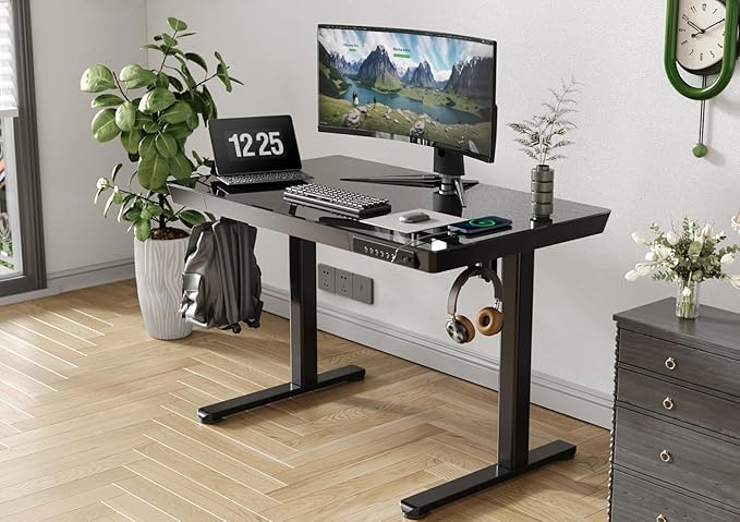 Claiks Small Glass Standing Desk with Drawers & USB Ports, 35 Inch Adjustable Stand Up Desks with Storage, Quick Install One-Piece Computer Desks for Small Space and Home Office, Black