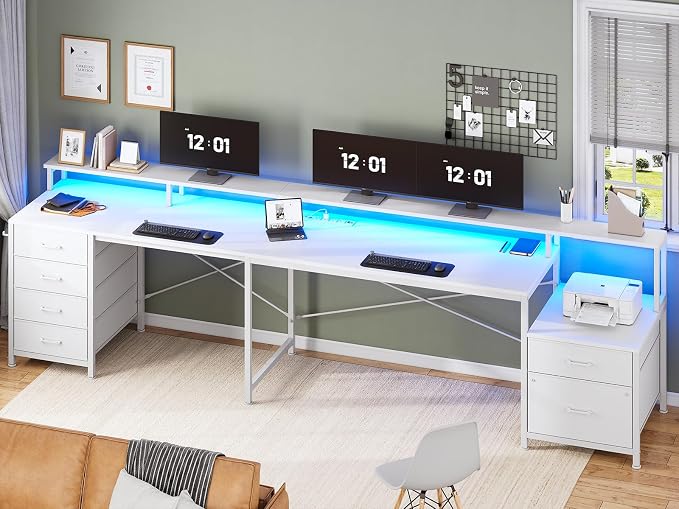 SEDETA L Shaped Desk with 6 Drawer, 108" Home Office Desk with File Drawer & Power Outlet, Corner Computer Desk with Monitor Shelf, File Cabinet, Two Person Desk, Gaming Desk with Led Lights, White