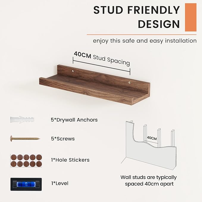FLYJOE Picture Ledge Shelf, Floating Shelves Set of 2, 16 Inches Nursery Book Shelves for Toys Storage, Kids Bookshelf Wall Mounted for Living Room Bedroom Decor Books Photo Frames, Walnut