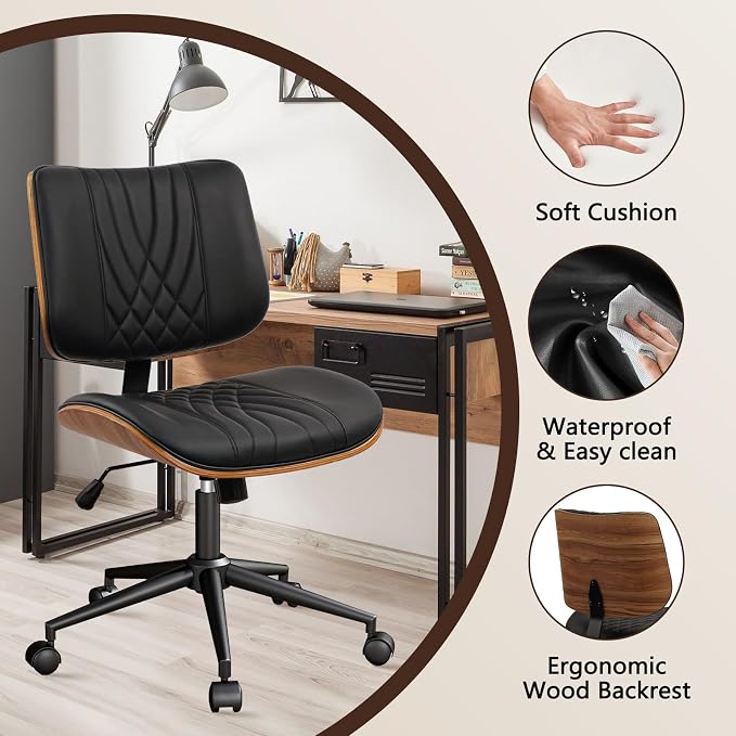 CLATINA Armless Home Office Chair, Desk Chair with Wheels, Adjustable Height Reading Chair, Leather Mid Back & Swivel Computer Chair, Modern Walnut Chairs with Back for Study Meeting Room(Black) 2Pack