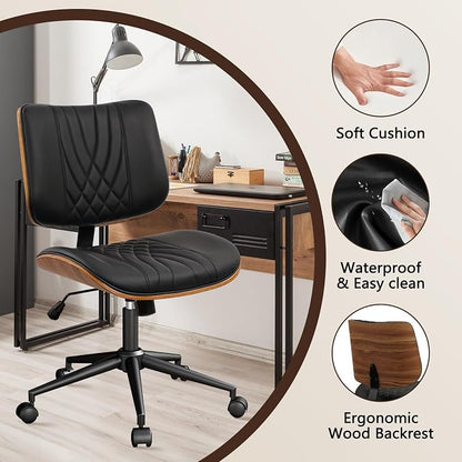 CLATINA Armless Home Office Chair, Desk Chair with Wheels, Adjustable Height Reading Chair, Leather Mid Back & Swivel Computer Chair, Modern Walnut Chairs with Back for Study Meeting Room(Black) 2Pack