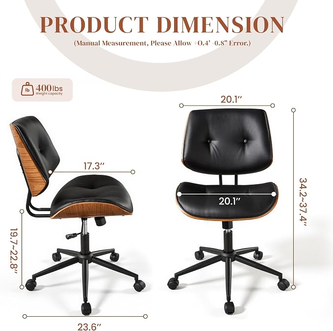 Home Office Desk Chair with Wheels, Adjustable Height Armless Desk Chairs, PU Leather Mid Back 360° Small Computer Chair for Study Meeting Makeup Room (Black)