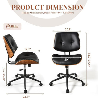 Home Office Desk Chair with Wheels, Adjustable Height Armless Desk Chairs, PU Leather Mid Back 360° Small Computer Chair for Study Meeting Makeup Room (Black)
