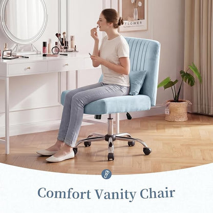 Criss Cross Office Chair with Wheels, Velvet Cross Legged Desk Chair for Bedroom, Armless Computer Chair, Modern Vanity Chair, Festival for Adults, Velvet Dusk Blue