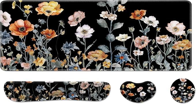 Desk Pad and Keyboard Wrist Rest, Large Mouse Pad + Keyboard Pad+Mouse Wrist Support, Non-Slip Desk Mat Protector for Office, Home 31.5×11.8 Inches Fall Floral