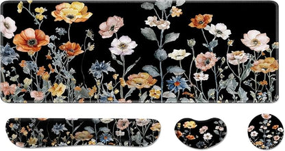 Desk Pad and Keyboard Wrist Rest, Large Mouse Pad + Keyboard Pad+Mouse Wrist Support, Non-Slip Desk Mat Protector for Office, Home 31.5×11.8 Inches Fall Floral
