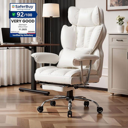 Efomao Big and Tall Office Chair 400lbs, Executive PU Leather Desk Chair with Footrest & Lumbar Support, Heavy Duty Computer Seating for Home, White | 400lbs support, 135° recline, dual-layer foam cushion, 23.5" seat & footrest. BIFMA