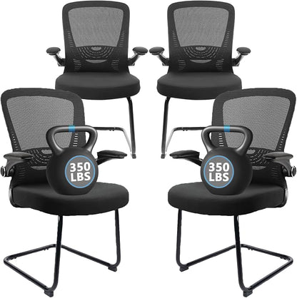 CLATINA Office Guest Chair no Wheels with Lumbar Support and Flip-up Armrest Mid Back Mesh Space Air Grid Series Sled Base for Reception Conference Room Black Set of 4