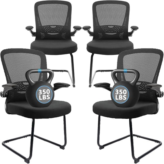 CLATINA Office Guest Chair no Wheels with Lumbar Support and Flip-up Armrest Mid Back Mesh Space Air Grid Series Sled Base for Reception Conference Room Black Set of 4