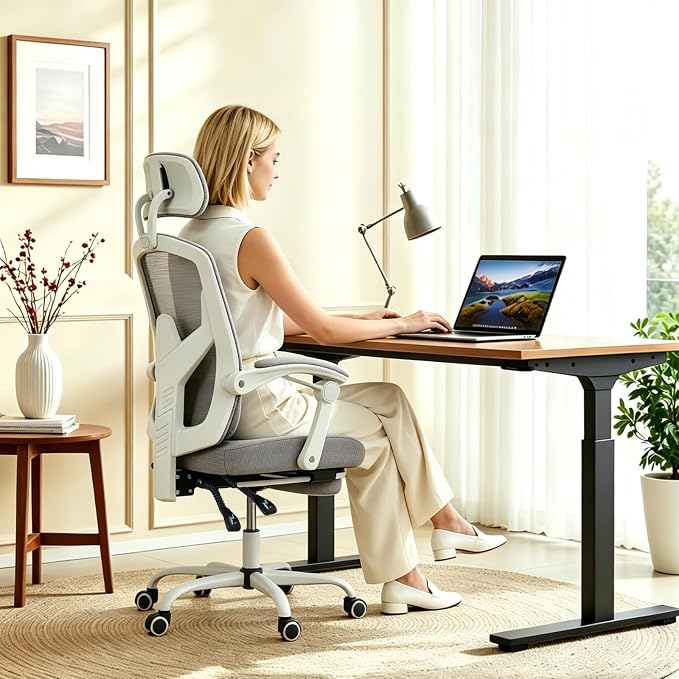 Ergonomic Office Chair with Footrest, High Back Home Desk Computer Chair with Lumbar Support & Headrest, 90-135° Reclining Mesh Back with Wheels for Work, Gaming, Grey