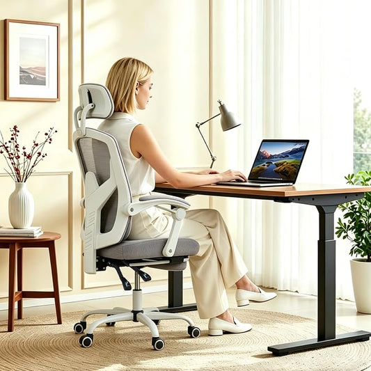 Ergonomic Office Chair with Footrest, High Back Home Desk Computer Chair with Lumbar Support & Headrest, 90-135° Reclining Mesh Back with Wheels for Work, Gaming, Grey