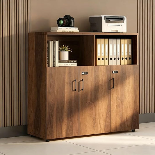File Cabinet with Password Lock, Wood Lateral Filing Cabinet for Letter/A4 Files, 3 Drawer with Door, Printer Stand with Open Shelves for Home Office