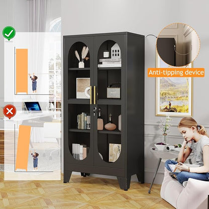 PAOFIN 61" H Locking Display Cabinet with Glass Door, Metal Cabinets with 3 Adjustable Shelves, Cabinet Display Case for Living Room, Collectibles, Clinic, Home - Assembly Required Black