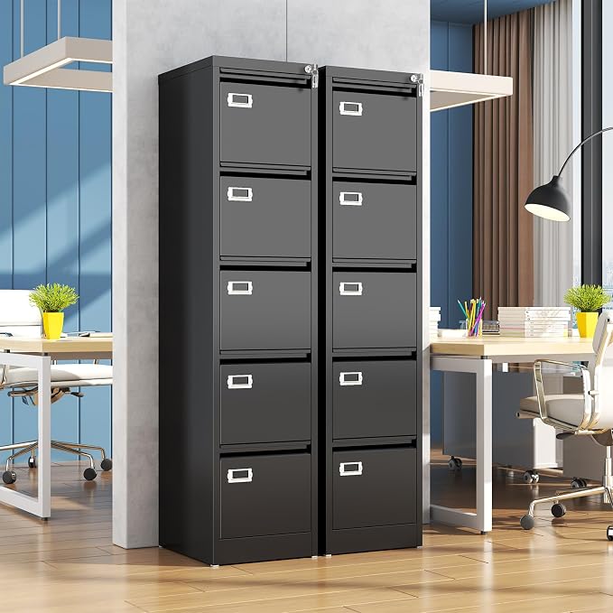 5 Drawer File Cabinet, Black Metal Filing Cabinets with Lock Name Card Holder, Metal Vertical Filing Cabinets for Home Office, Steel Storage Cabinet fits Letter/Legal/A4 Size(Assembly Required)