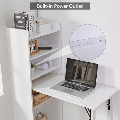 Foldable Desk with Storage,Hidden Desk with Built-in Socket,Fold Out Writing Table for Small Spaces,Home Office and Bedroom (White)