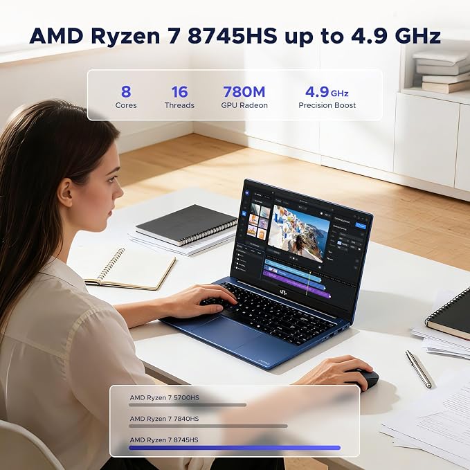NIMO 17.3" IPS-Gaming-Laptop, AMD Ryzen 7 8745HS Up to 4.9GHz Beat R9 7940HS 16GB RAM 256GB SSD Radeon 780M-Graphics, WiFi 6E USB4 Backlit Keyboard Fingerprint, Win 11 PC for Work & Play 2-Yr Warranty