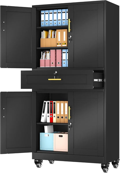 Black Metal Storage Cabinet, 71" Tall Locking Storage Cabinet with 2 Adjustable Shelves, Steel Locker Organizer, for Office, Home, School