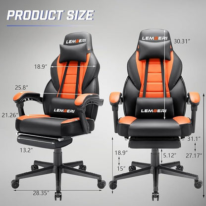 LEMBERI Big and Tall Gaming Chair 400lb Capacity, Heavy-Duty Office Chair with Reinforced Footrest, Wide Seat High Back PC Desk Chair with Linkage Armrests, Thickened Steel Frame, PU Leather, Orange