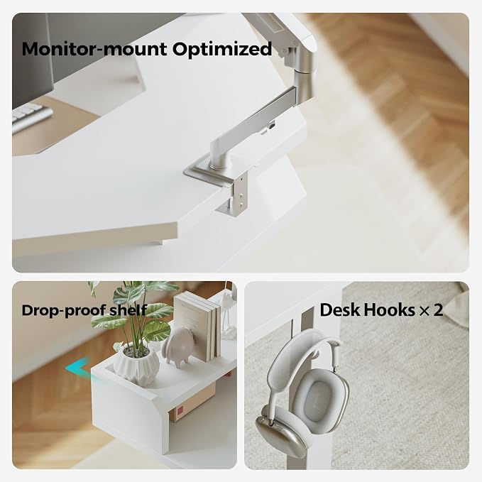 Agilestic L Shaped Standing Desk, Adjustable Height Corner Gaming Desk with Shelf, Sit Stand Up Desk, 63 x 55 Inch Home Office Computer Table, White