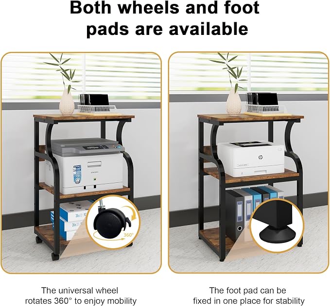 Natwind 3 Tier Printer Stand,Rolling Printer Table with Adjustable Storage Shelf for Home Office Organization,Multifunctional Shelves for Heat Press,3D Printer (Retro)