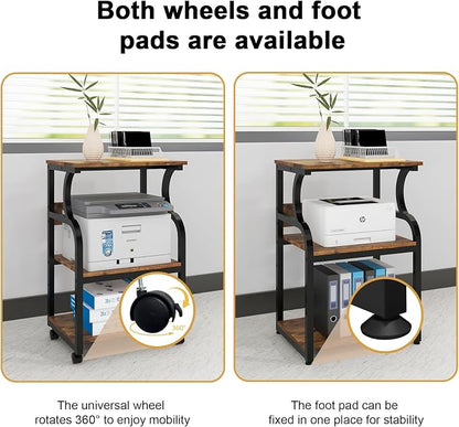 Natwind 3 Tier Printer Stand,Rolling Printer Table with Adjustable Storage Shelf for Home Office Organization,Multifunctional Shelves for Heat Press,3D Printer (Retro)