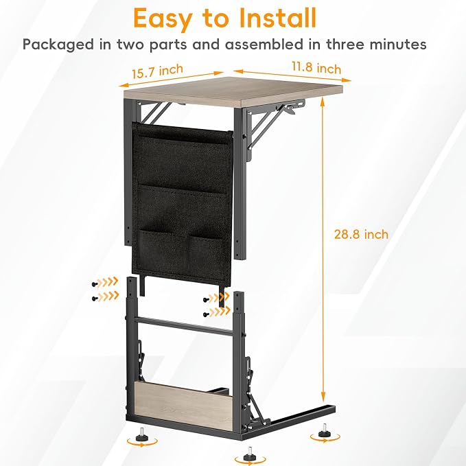 Folding TV Tray Table, Small Folding Side Table with Storage Bag, Portable C Shaped End Table for Couch Sofa Bed, Oak Gray
