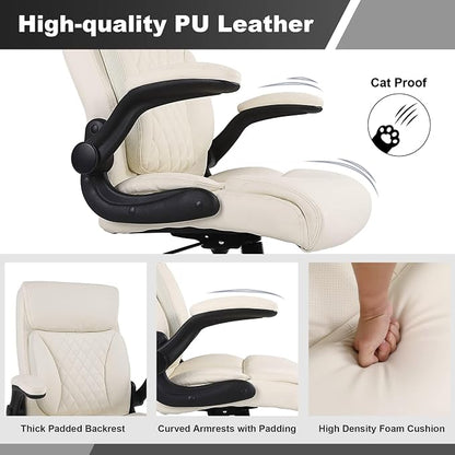 Youhauchair Executive Office Chair, Ergonomic PU Leather Computer Desk Chair with Lumbar Support, Flip-up Armrests and Adjustable Height, for Home Office, Beige