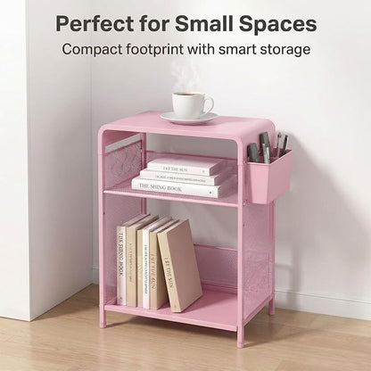 ECOLOVI 3 Tier Printer Stand for Under Desk, Height Adjustable Shelf Small Printer Table with 3 S-Hooks & Basket, Heavy Duty Industrial Storage Shelf for Home Office (Pink Metal)