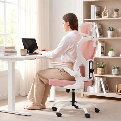Ergonomic Office Chair with Adjustable Headrest & Lumbar Support, High Back Mesh Desk Chair, 330 LBS Capacity Swivel Computer Chair with Flip-Up Arms, Home Office Gaming Chair(Pink)