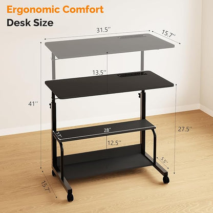 VINGLI 31.5" Mobile Small Standing Desk, Adjustable Height Mobile Computer Desk, w/2 AC Outlets + 3 USB Ports & Hooks, Storage Shelves, Suitable for Gaming, Studying, Home Office, Black