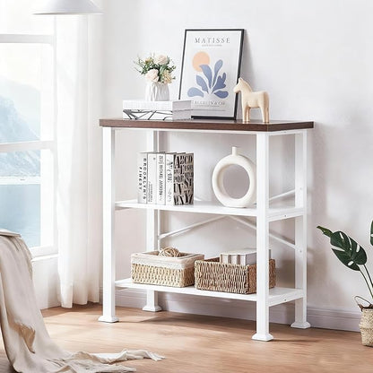 HOMBAZAAR 3 Tier Bookshelf,White Brown Industrial Book Shelf,Engineered Wood and Metal Small Bookcases,Low Shelf Bookcase for Living Room,Office,Bedroom and Kitchen