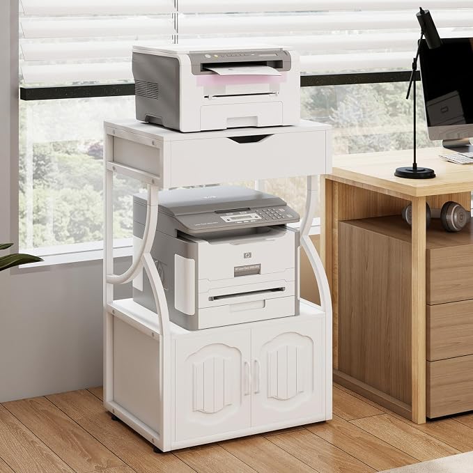 Natwind 3 -Tier Rolling Printer Stand with Filing Cabinet,23.6"x15.8",White | Printer Table with Open Shelf and Drawer,Heavy-duty Home Office Storage on Lockable Wheels for 3d Printer,Scanner and Files