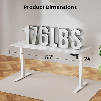 WALKINGDESK 55x24 Inches Height Adjustable Electric Standing Desk with 2 Hooks for Home Office, Ergonomic Sit Stand up Desk with Splice Board, White