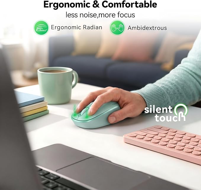 TECKNET Wireless Mouse for Laptop, 2.4G Quiet Computer Mouse with USB Receiver, 4 Buttons Portable Cordless Mice for Chromebook, Laptop, PC, Mac, 800/1200/1600 DPI - Mint Green