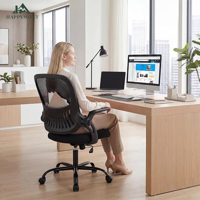 Home Office Desk Chair, Ergonomic Mid-Back Mesh Computer Task Chair with Comfortable Lumbar Support, Height Adjustable Swivel with Flip-up Armrest for Adults, Student, Black