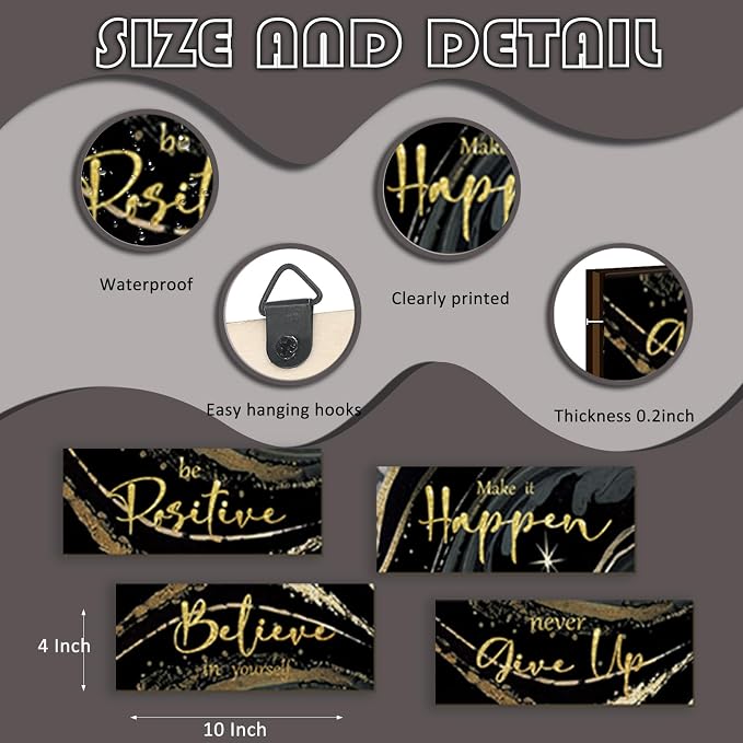 FENCORDAR 4 Piece Black and Gold Wall Decor Set Motivational Wall Decor Inspirational Wooden Signs for Bedroom Bathroom Women’s Office Abstract Elegant Art for Home or Office Decoration 10X4 Inches