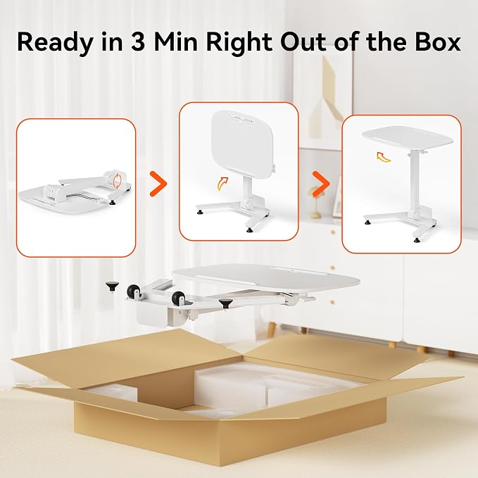 WALKINGDESK Foldable Pneumatic Height Adjustable Mobile Standing Desk with 90° Tiltable Tabletop, 27.2x18.9 Inch Portable Laptop Desk with Wheels, Holds Up to 66.1lbs for Home Office, Study, White