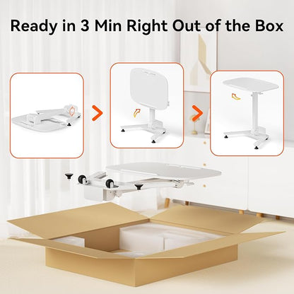 WALKINGDESK Foldable Pneumatic Height Adjustable Mobile Standing Desk with 90° Tiltable Tabletop, 27.2x18.9 Inch Portable Laptop Desk with Wheels, Holds Up to 66.1lbs for Home Office, Study, White