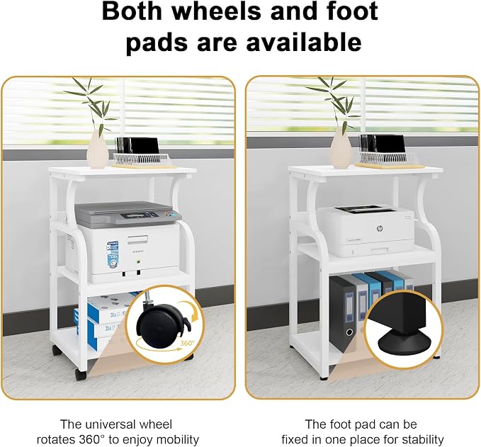 Natwind 3 Tier Printer Stand,Rolling Printer Table with Adjustable Storage Shelf for Home Office Organization,Multifunctional Shelves for Heat Press,3D Printer (White)