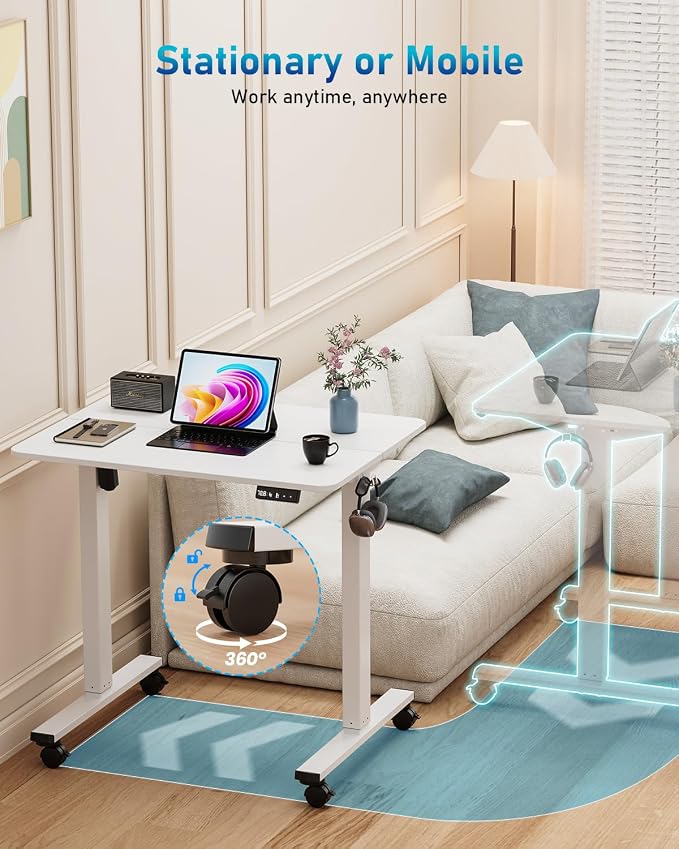 32" Small Electric Rolling Standing Desk Adjustable Height, Mobile Sit Stand up Desk with Lockable Casters for Home Office & Computer Workstation, Splice Board, 2 Hooks, White Frame/White Top