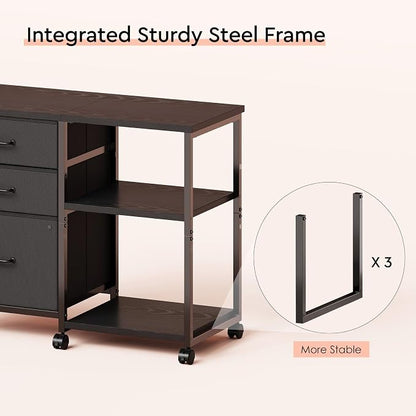 Maihail 3 Drawer File Cabinet with Wheels Rolling Printer Stand with Open Storage Shelf Fabric Lateral Filing Cabinet for Home Office,Black