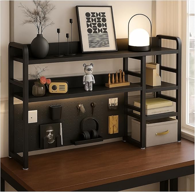 Desktop Bookshelf, pegboard Storage and Organization Rack, Dorm Desk Shelf, Desk Hutch, Desktop Storage for Office, Study, Student Display Rack,Desktop Shelves (Black 53.1" Lx9.9 Wx37 H)