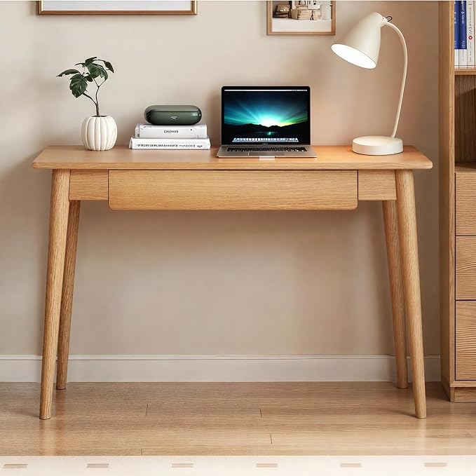 100% Solid Oak Wooden Desk Home Office Desk Mid Century Modern Writing Computer Desk with Drawer for Home Office 35"