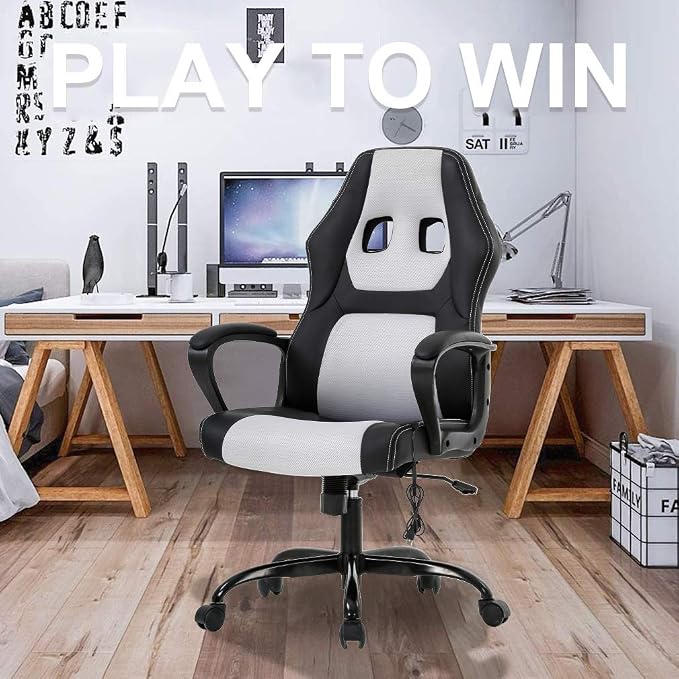 Gaming Chair Office Chair Desk Chair Massage Ergonomic PU Leather Racing Chair with Lumbar Support Headrest Armrest Task Rolling Swivel Computer Chair for Women Adults Girls(White)