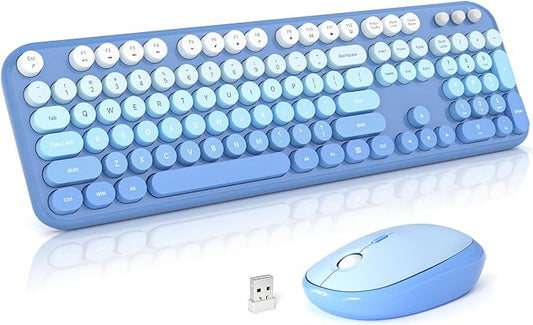 Atelus Wireless Keyboard Mouse Combo, Typewriter Full Size Keyboard with Number Pad and 2 in 1 USB Connected Mouse for PC Computer Laptop Desktop Windows 7 8 10 11 (Blue Colorful)