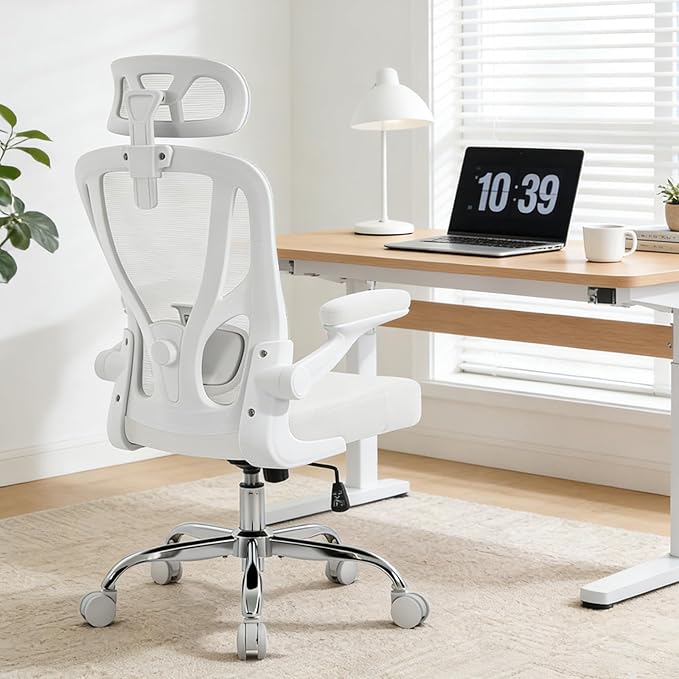 Office Chair Ergonomic Office Chair with Lumbar Support, Head Support, Rocking Function, Flip-up Armrests, Home Office Desk Chair, Suitable for Home, Office, White, 1 Pack