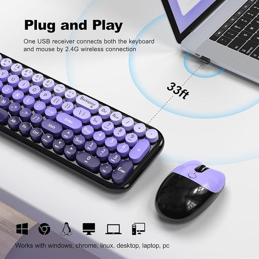 MOFII Wireless Keyboard and Mouse Combo, Compact Typewriter Retro Round Computer Keyboard and Mouse Set, Plug and Play, for Windows, Computer, Desktop, PC, Notebook - (Black Purple Gradient)