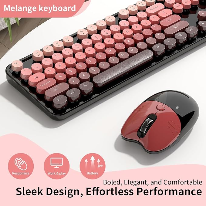 Wireless Keyboard and Mouse, 104 Round Keycaps Retro Typewriter with OTG & Brush, Full-Size Ergonomic, Ideal for Windows PC, Home, Office and College Black Pink