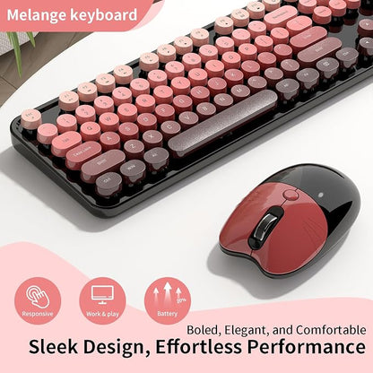 Wireless Keyboard and Mouse, 104 Round Keycaps Retro Typewriter with OTG & Brush, Full-Size Ergonomic, Ideal for Windows PC, Home, Office and College Black Pink