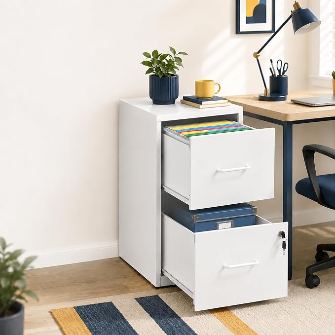 SAWJEC 2 Drawer File Cabinet with Lock, Small Metal Filing Cabinet for Home Office, Vertical Locking File Cabinet with Letter Size Hanging Files, White, 25.6" H x 15.0" W x 17.7" D